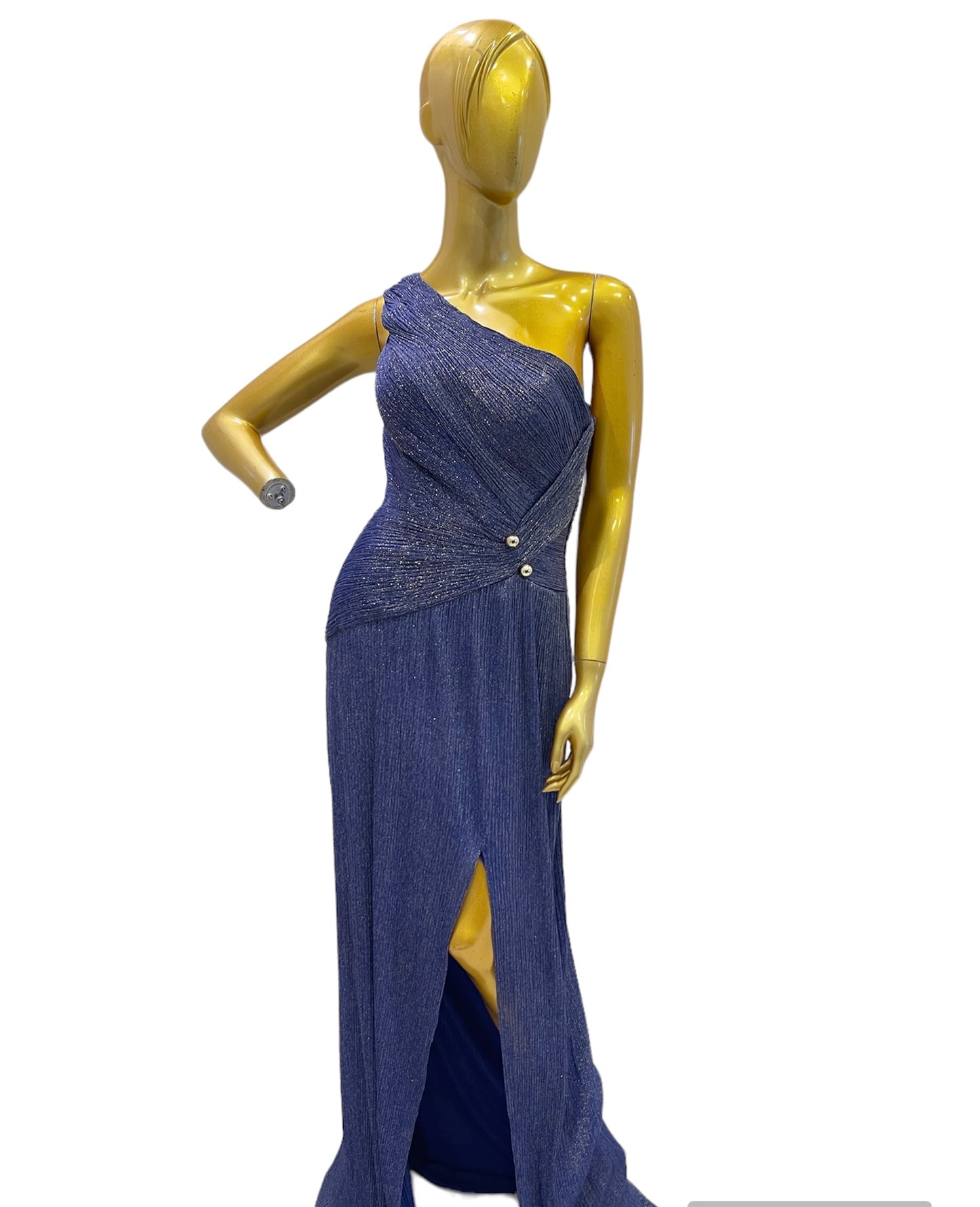 TERANI COUTURE SHINY BLUE DRESS WITH SLIT - BLUSH BY MYQ